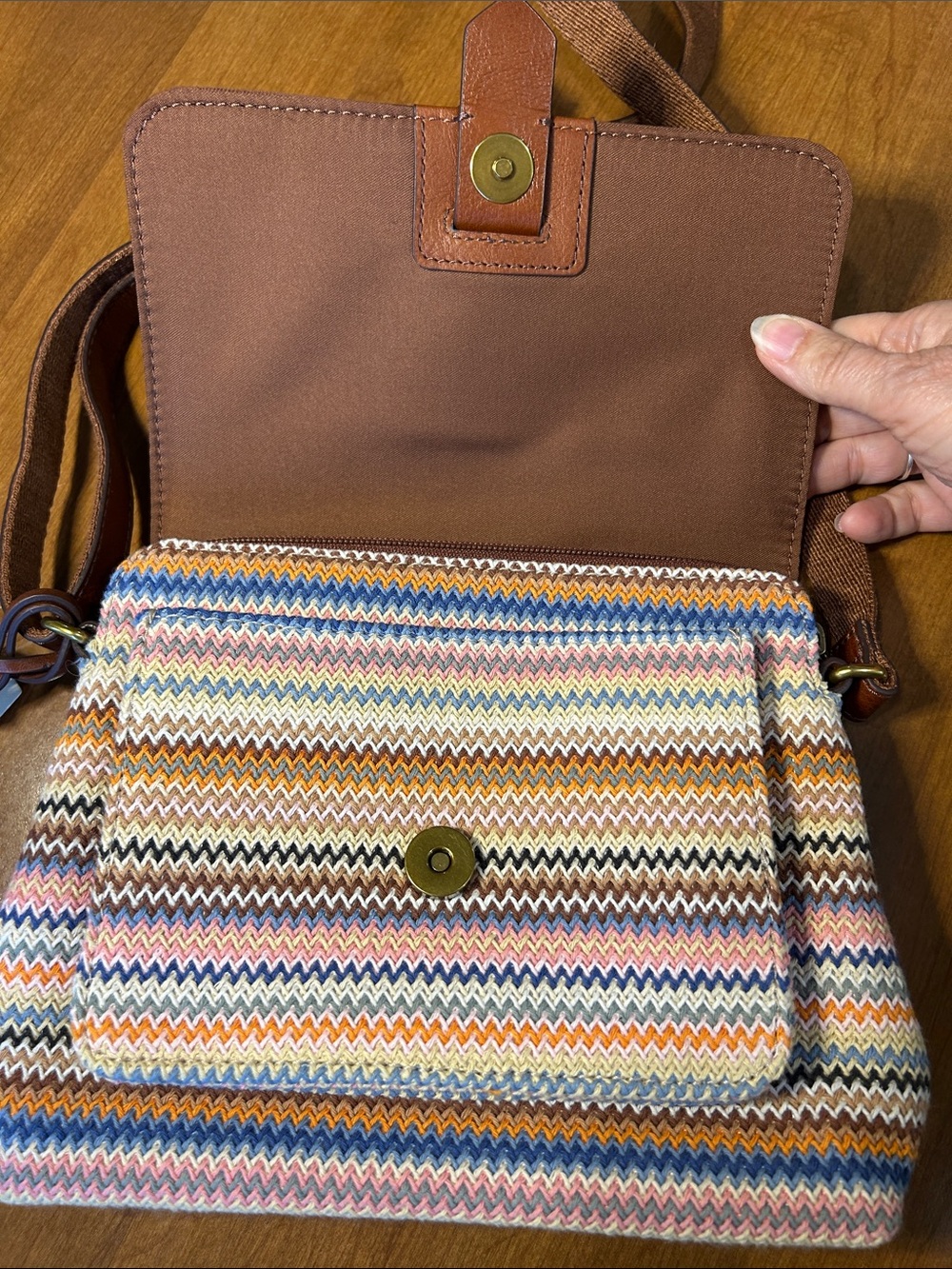 Fossil Kinley Tan Leather Flap Crossbody with Multicolor Knit Body - Picture 6 of 12